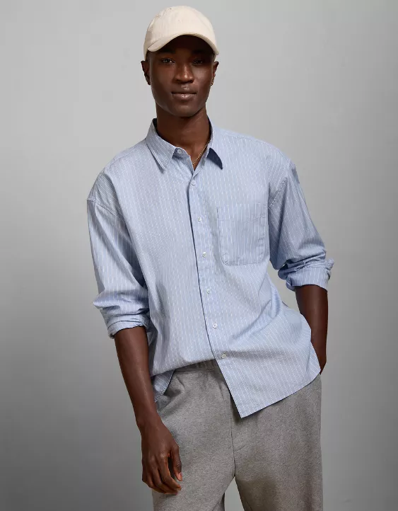 AE77 Premium Relaxed Striped Poplin Button-Up Shirt - Image 2