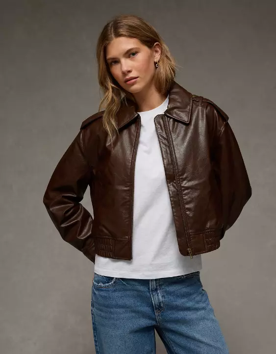 AE Cropped Faux Leather Bomber Jacket - Image 2