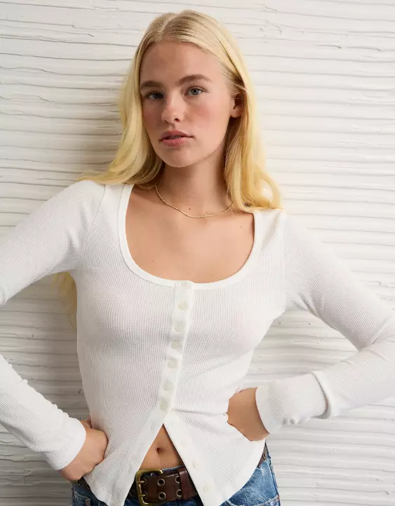 AE Waffle Long Sleeve Button-Up Tee - Image 7