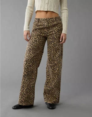 AE Stretch Leopard Low-Rise Baggy Wide-Leg Pant