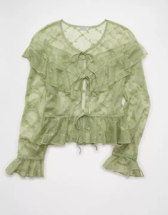 AE Embroidered Tie-Front Mesh Blouse - Image 3