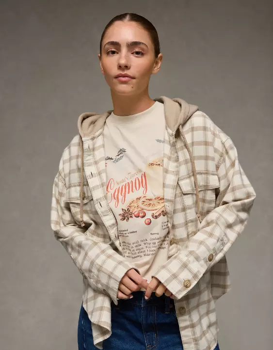 AE Plaid Hooded Button-Up Shirt - Image 5